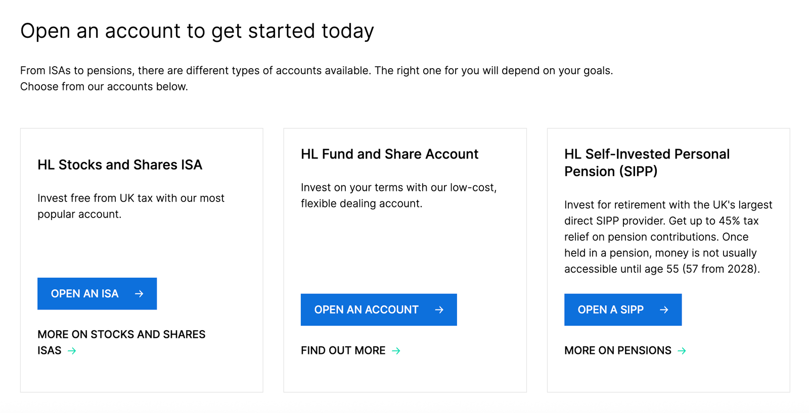 Hargreaves Lansdown open an account page