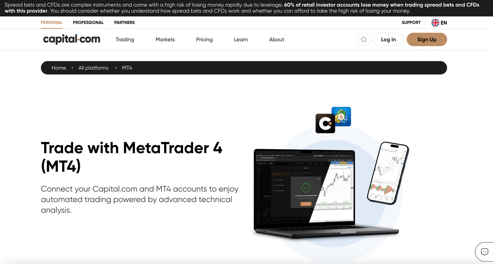 Capital.com MT4 Broker login page
