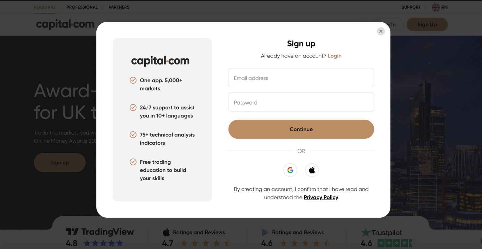 Capital.com signing up page