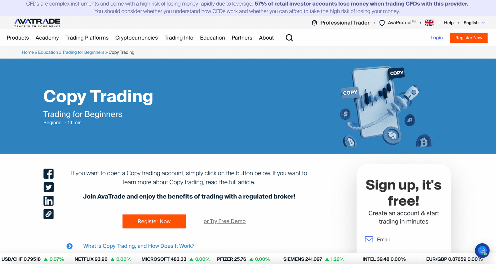 Ava Trade copy trading landiing page uk