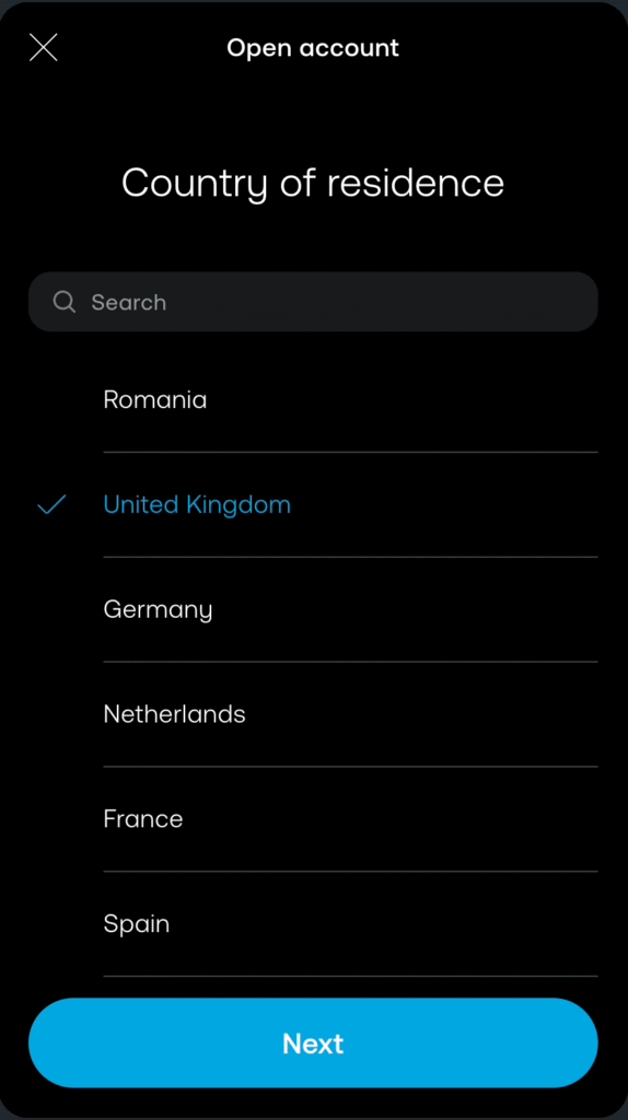 trading 212 sign up screen - country selection