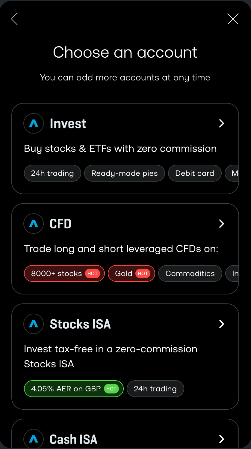 Trading 212 asset selection screen