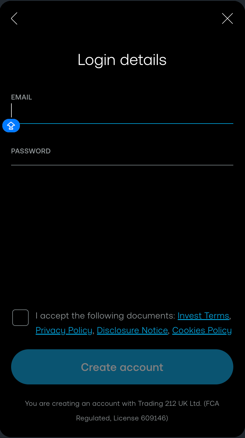 trading 212 sign up - email and password selection