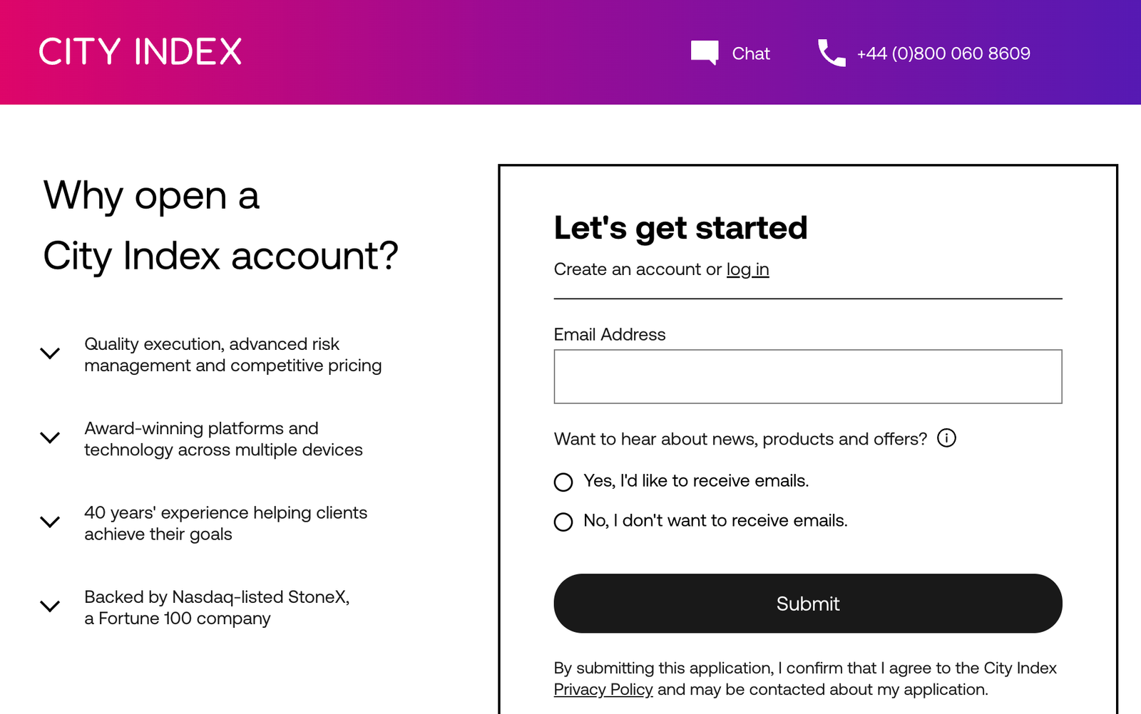 city index open an account page