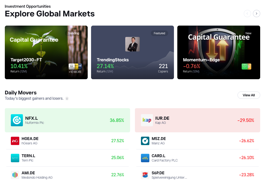 eToro in app investment opportunities page