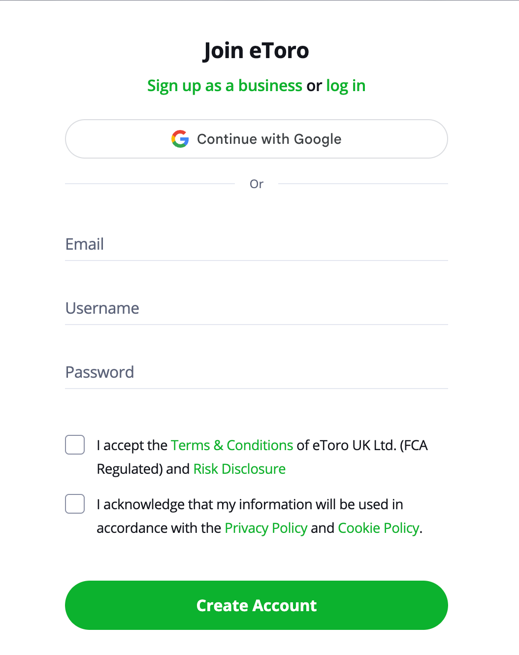 Signing up to eToro to buy crypto.