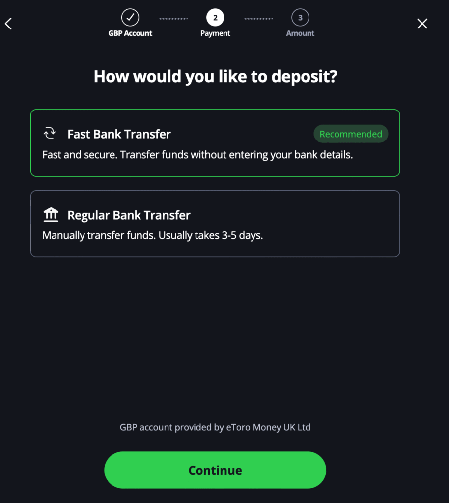 Depositing on eToro.