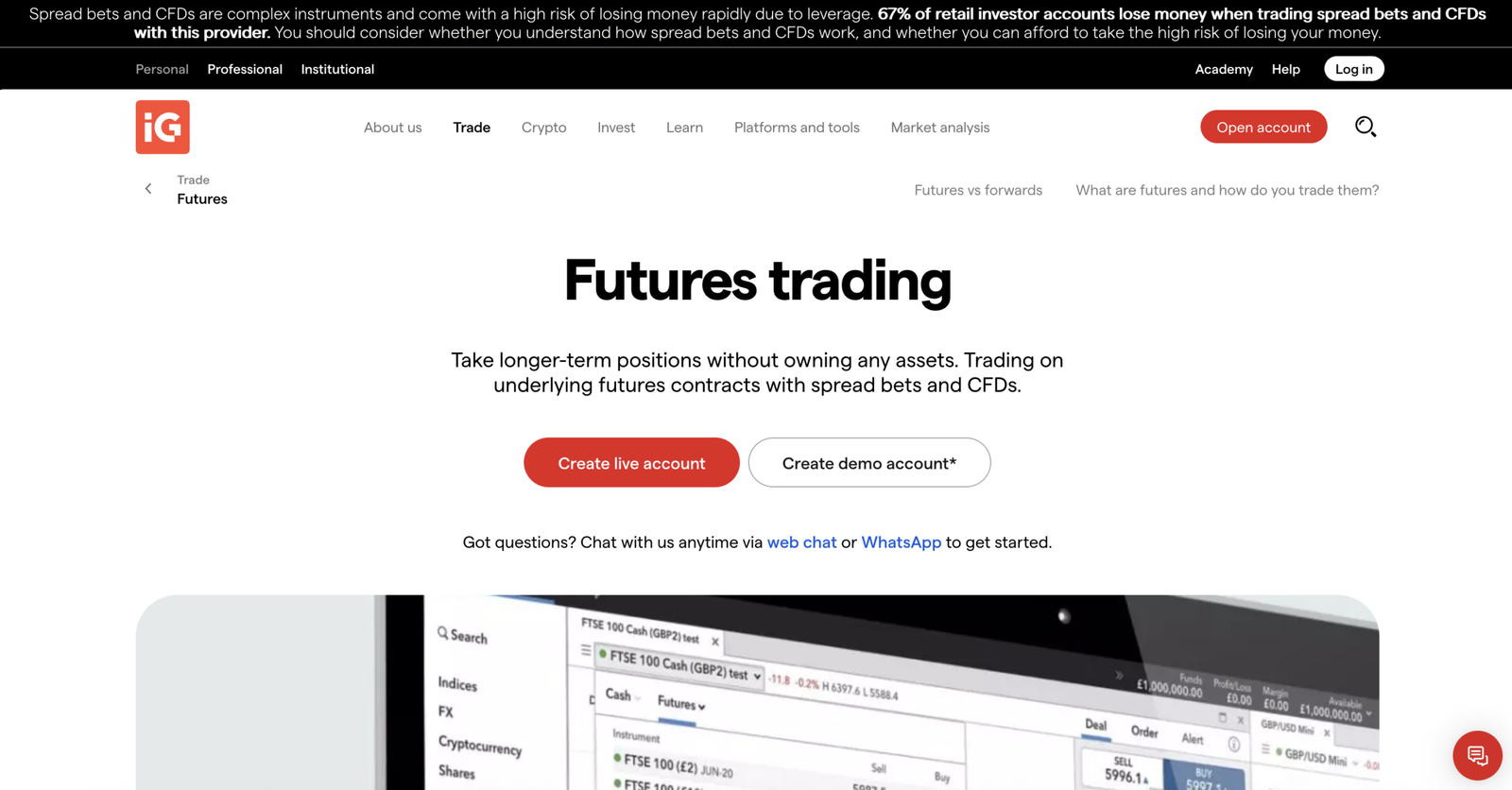 IG UK futures trading platform