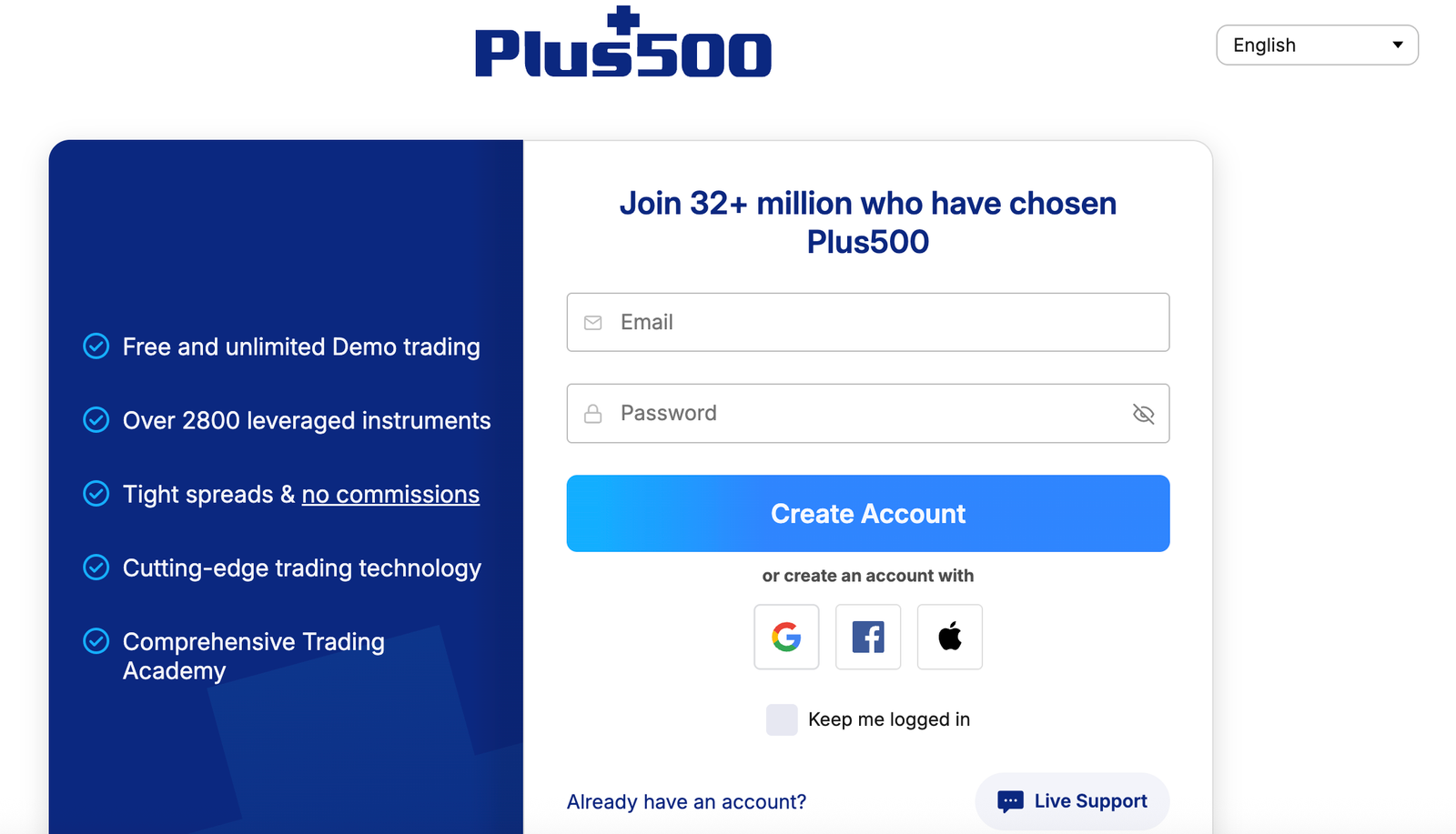 plu500 Australia sign up page