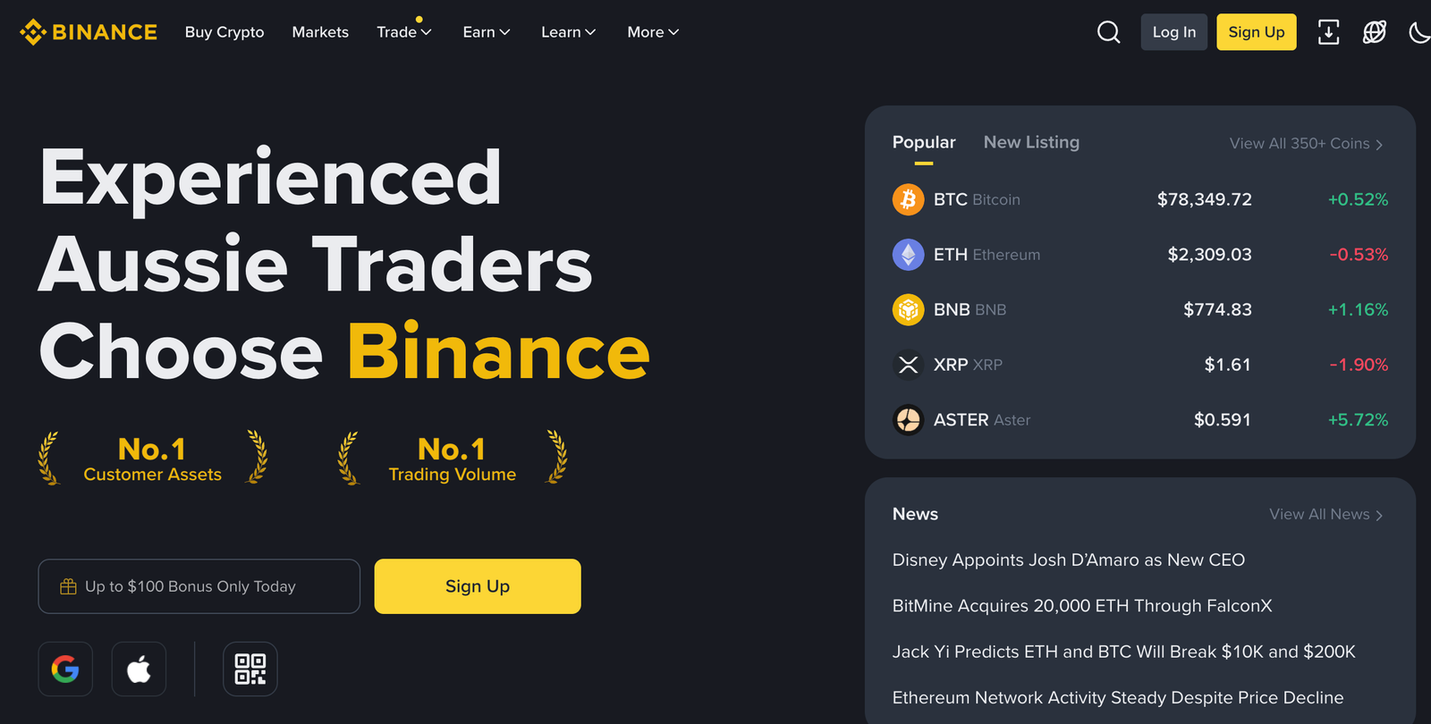 Binance main desktop page